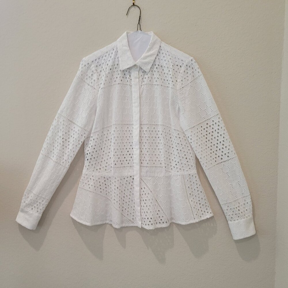 Carlisle Cotton Eyelet Peplum Long Sleeve Blouse, Size 8.
